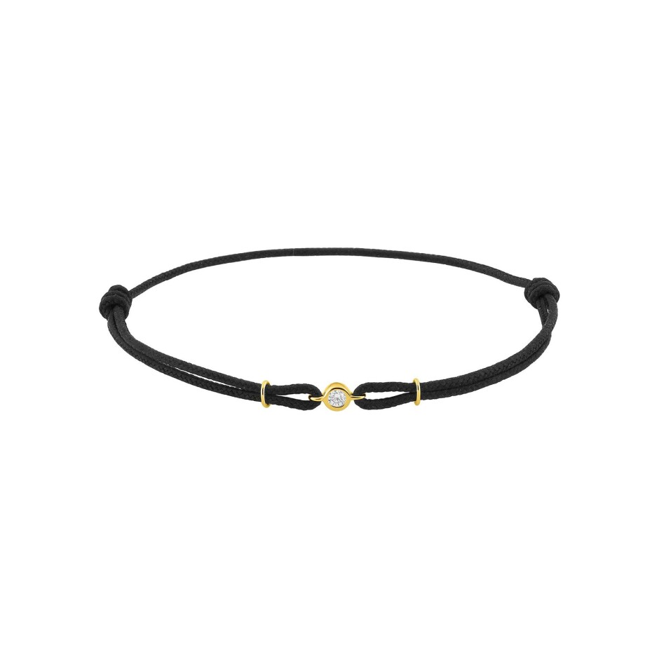 Bracelet cordon noir en or jaune, textile et diamant