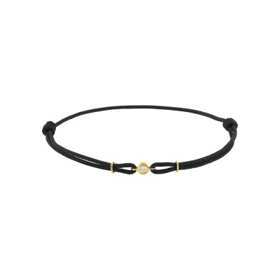 Bracelet cordon noir en or jaune, textile et diamant