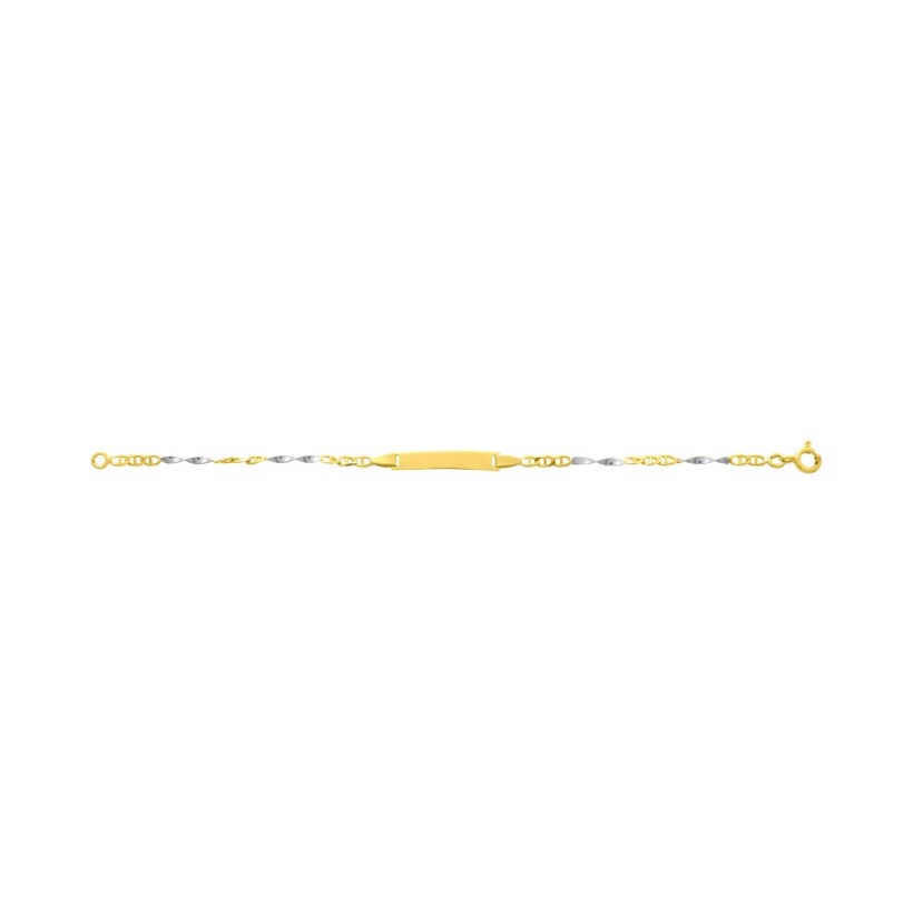 Bracelet identité en or jaune et or blanc, plaque rectangle