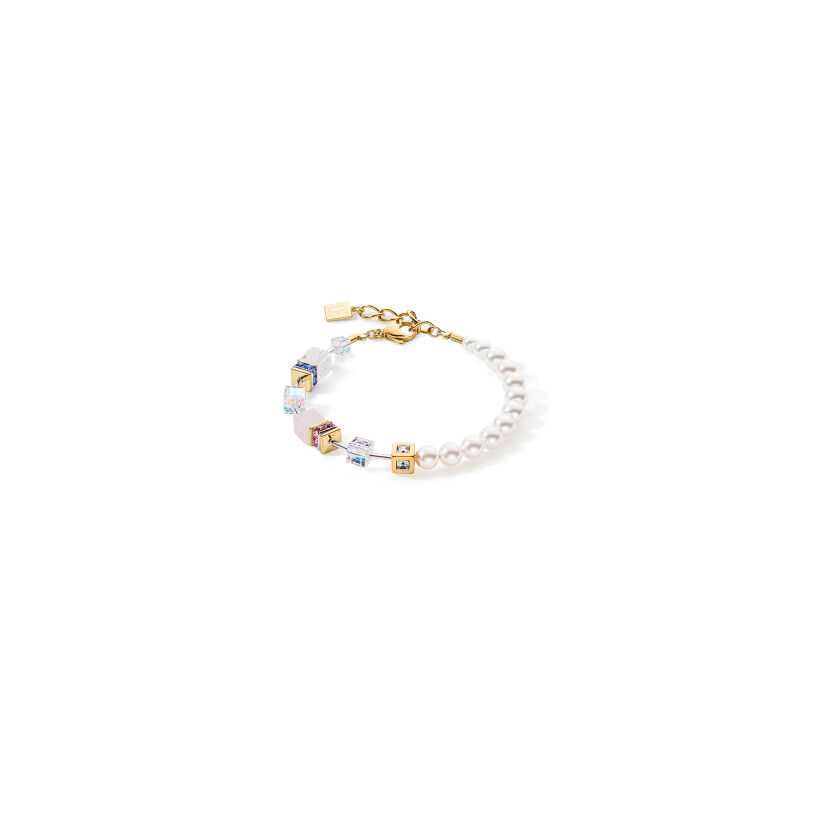 Bracelet Cœur de Lion GeoCUBE en métal doré, quartz rose, cristal de roche, cristaux et strass