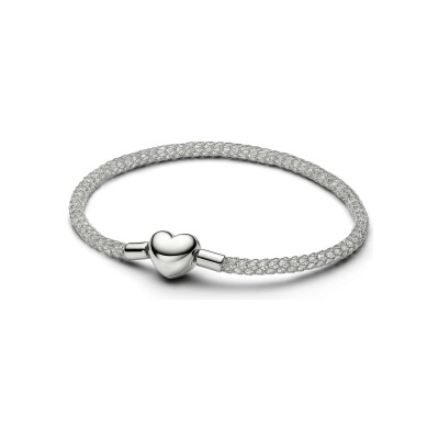 Bracelet Pandora Moments Maille Tissée Scintillant Fermoir Cœur en métal plaqué platine,oxyde de zirconium et émail, 19cm
