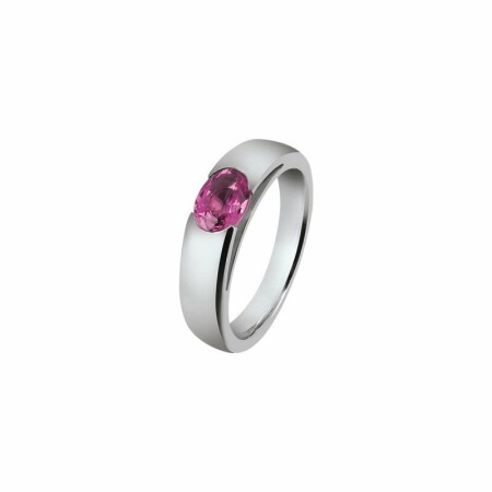 Bague jonc or blanc et saphir rose, taille 52