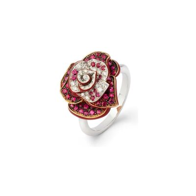 Bague fleur en or blanc et or rose (taille 54), sertie de rubis et de diamants
