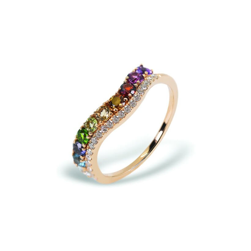 Bague Lombard Joaillier en or rose, pierres multicolores et diamants