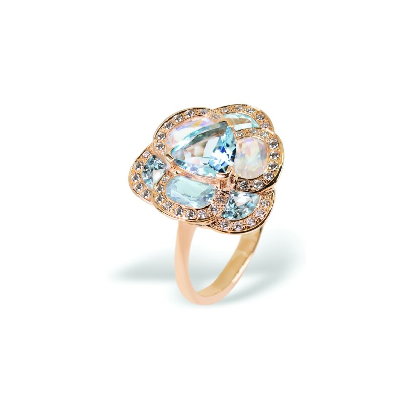 Bague Lombard Joaillier en or rose, topaze bleue, pierre de lune et diamants