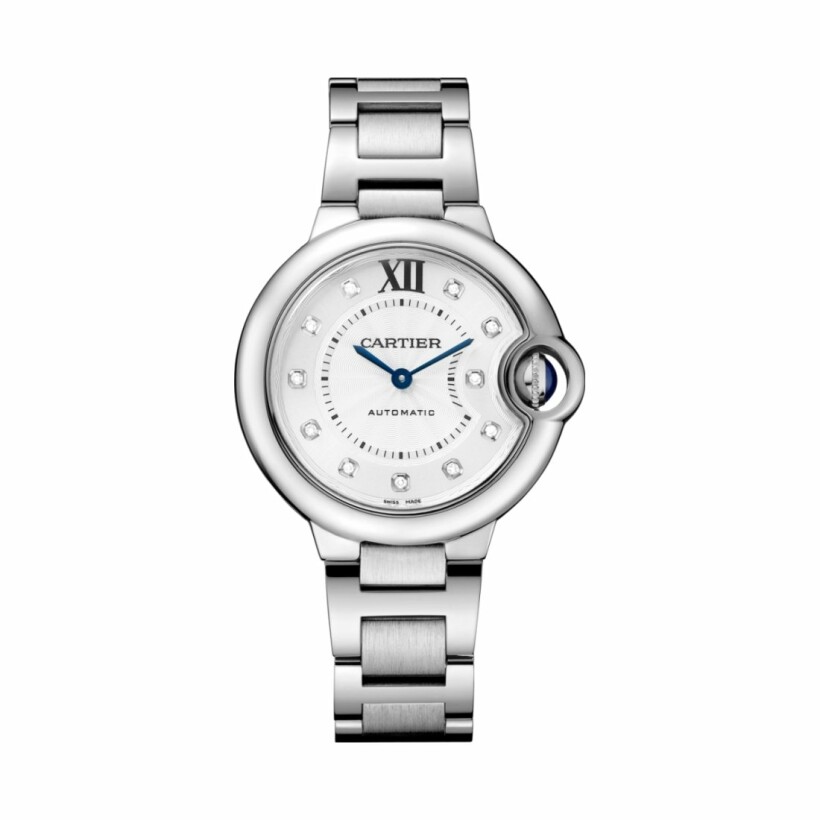 Ballon Bleu de Cartier watch, 33 mm, mechanical movement with automatic winding, steel, diamonds