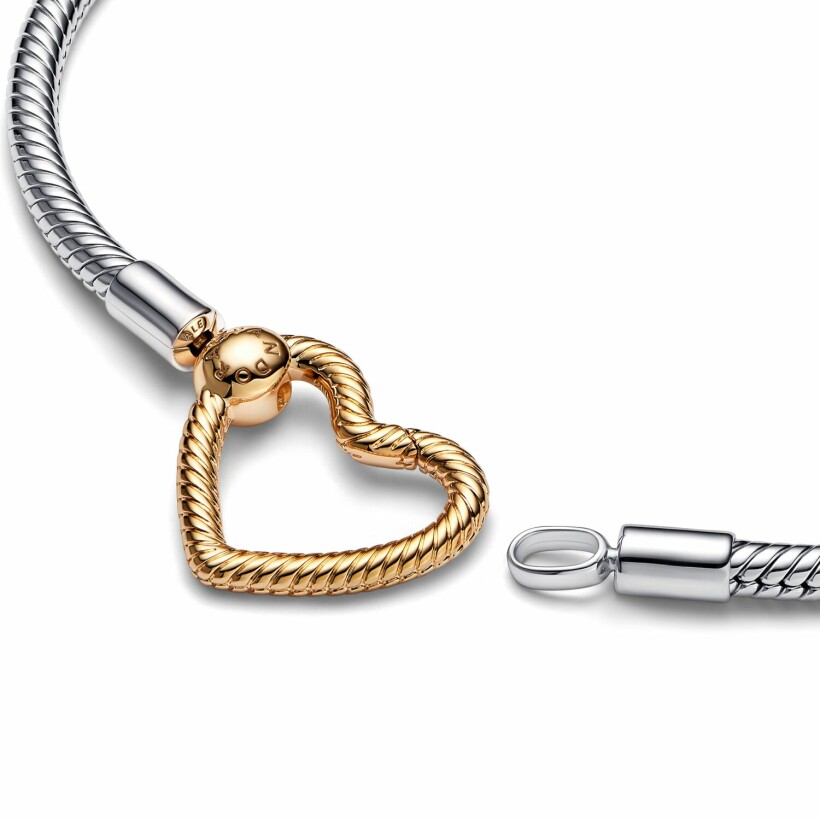 Bracelet Pandora Moments, maille serpent Fermoir Cœur en argent et métal doré, 19cm