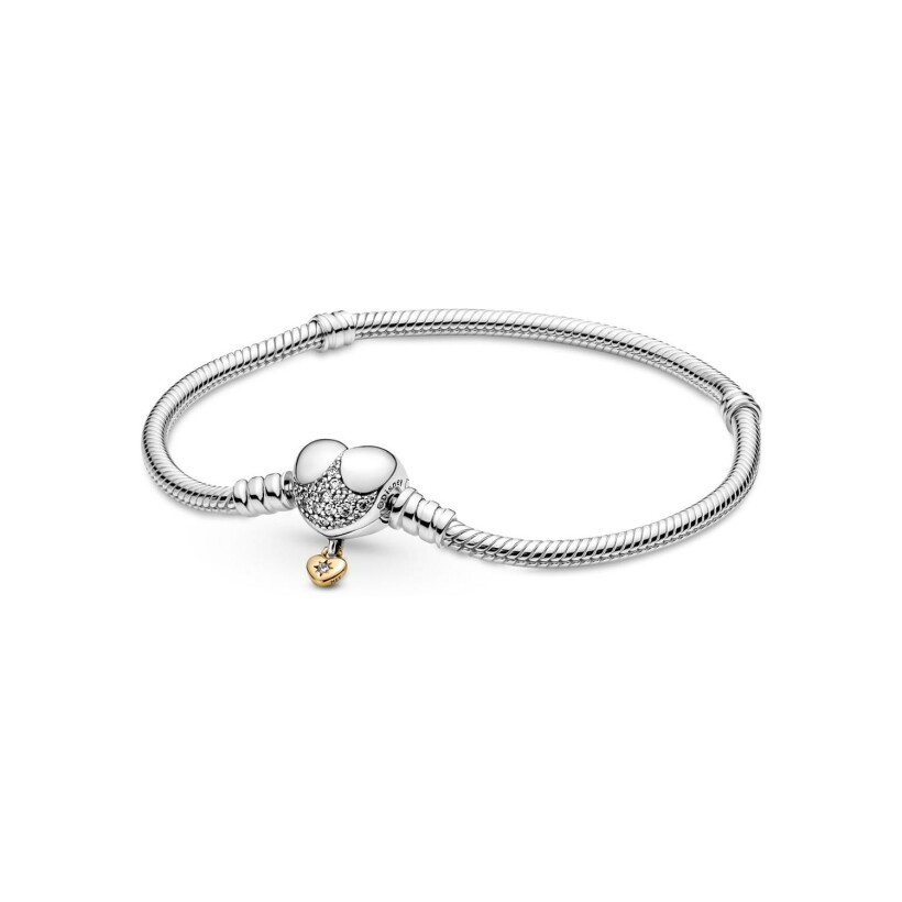 Bracelet Disney X Pandora Moments maille serpent fermoir cœur princesses Disney en argent, métal doré et oxydes de zirconium, taille 18cm