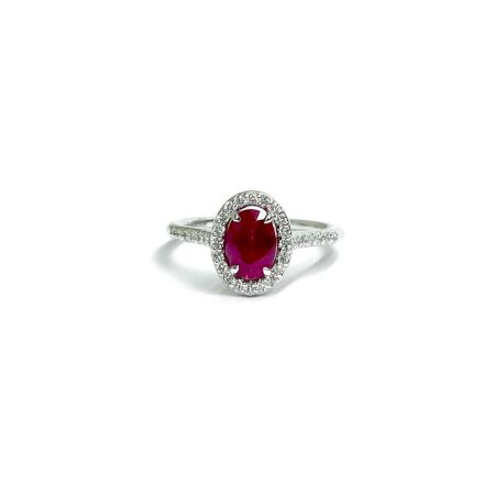 Bague Isabelle Barrier Entourage en or blanc, diamant de 0.30ct et rubis de 0.98ct, taille 52