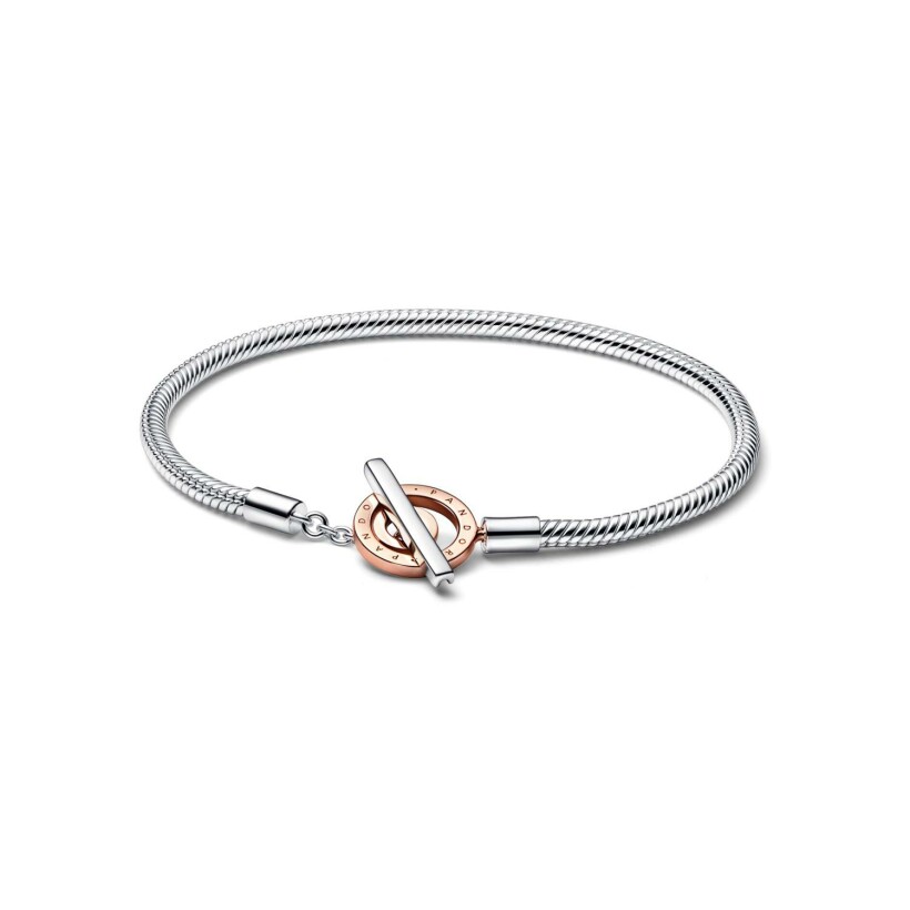 Bracelet Pandora Signature, maille serpent Fermoir En T Bicolore Signature en argent et métal doré rose, 21cm