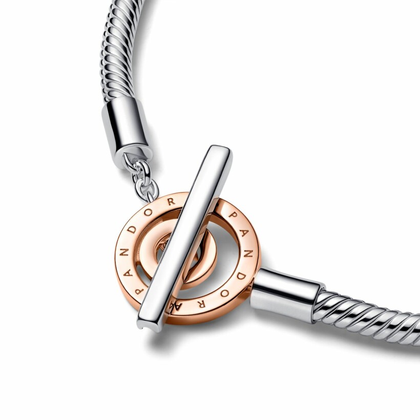 Bracelet Pandora Signature, maille serpent Fermoir En T Bicolore en argent et métal doré rose, 17cm