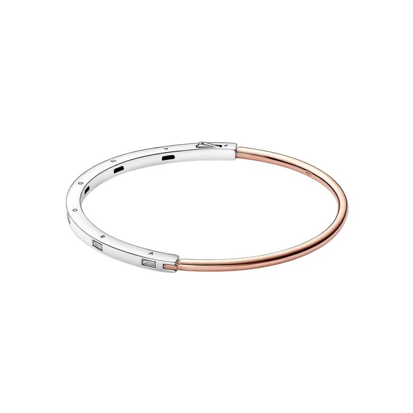 Bracelet jonc Pandora Signature en argent, métal doré rose et oxydes de zirconium, 16cm