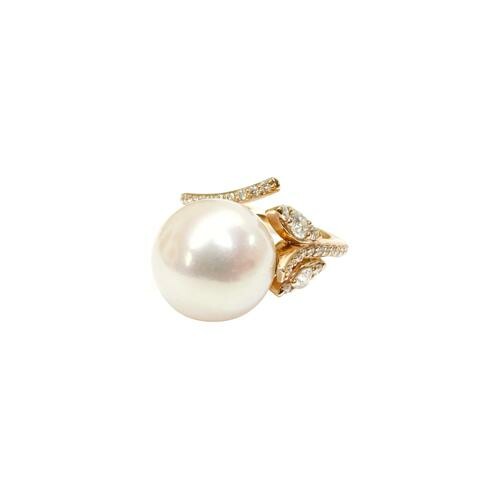 Bague Isabelle Barrier en or rose, diamants et perle de 0.5ct, taille 53 