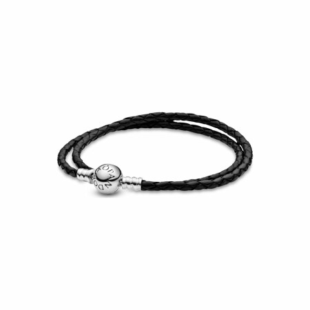 Bracelet Pandora Icons double en cuir noir moments en argent et cuir, 41 cm