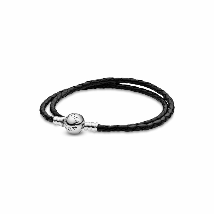 Bracelet Pandora Icons double en cuir noir moments en argent et cuir, 35 cm