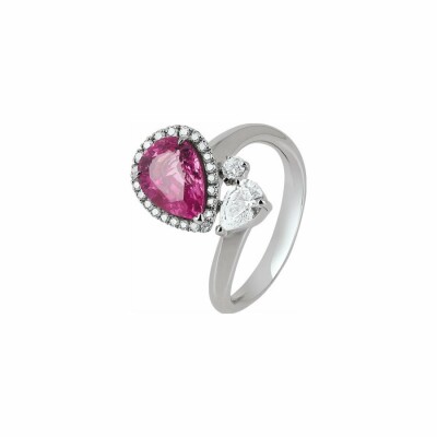 Bague en or blanc, diamants et saphir rose, taille 53