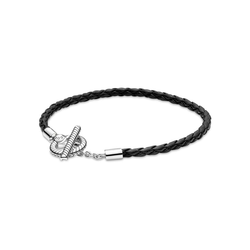 Bracelet Pandora Moments Fermoir T en cuir tressé et argent, 17.5cm