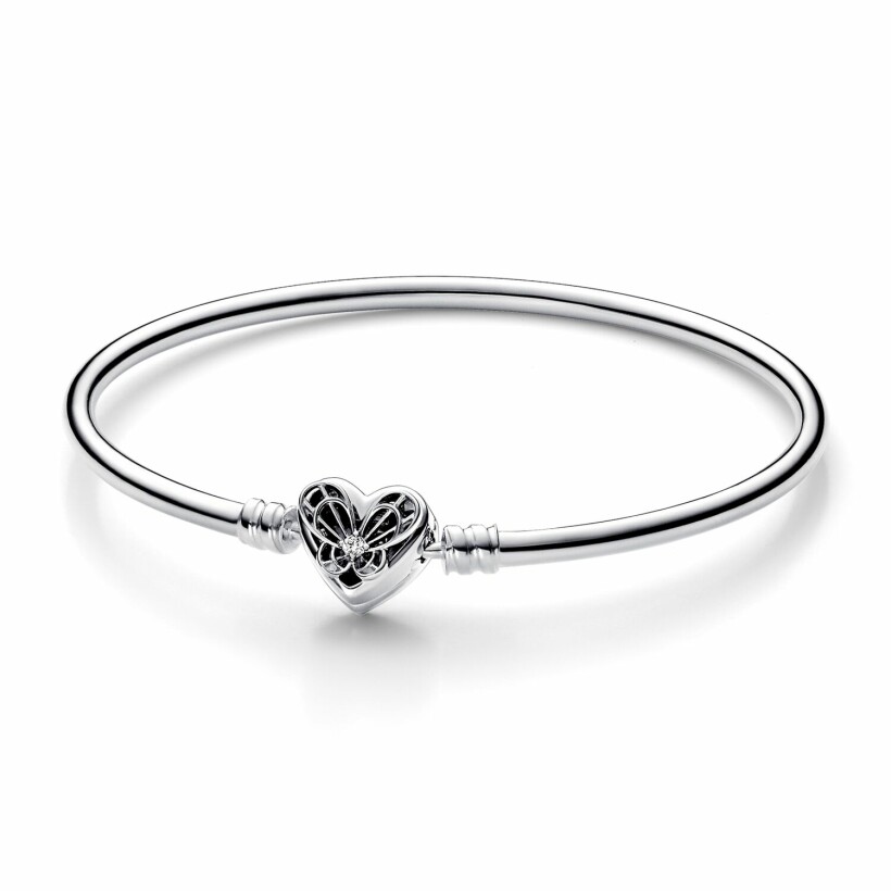 Bracelet jonc Pandora Moments Cœur & Papillon en argent et oxyde de zirconium, 19cm
