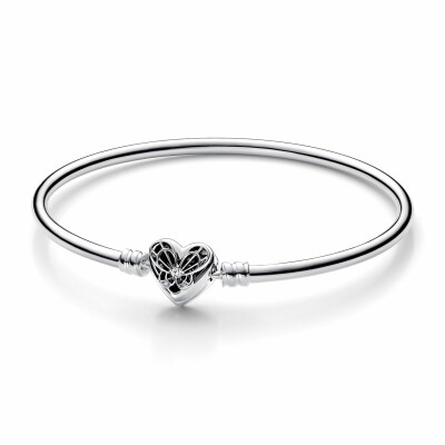 Bracelet jonc Pandora Moments Cœur & Papillon en argent et oxyde de zirconium, 17cm