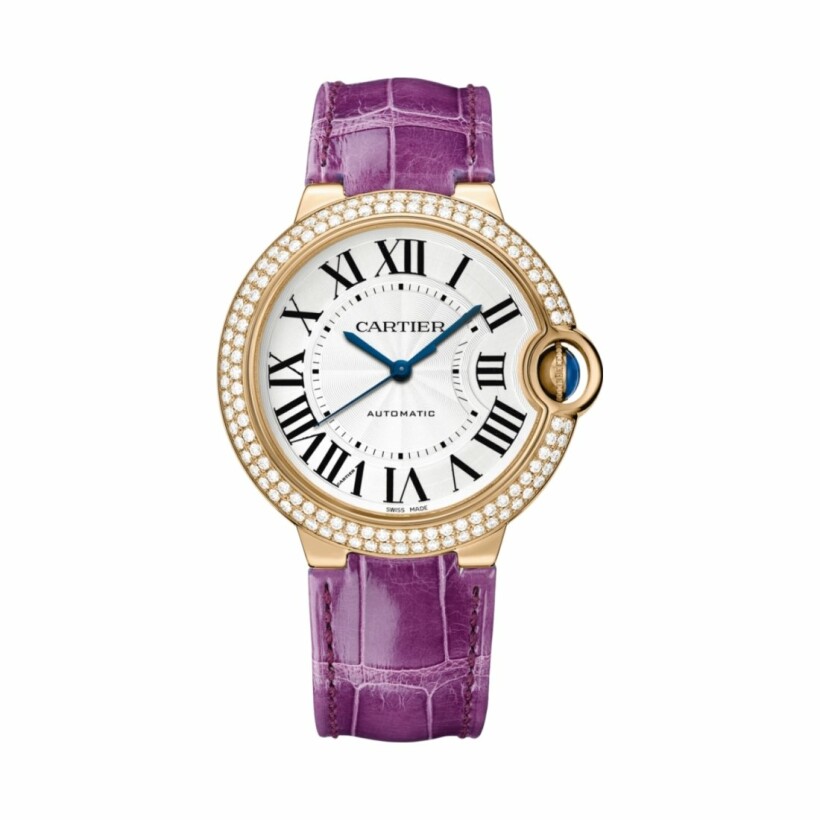 Ballon Bleu de Cartier watch, 36mm, automatic movement, rose gold, diamonds, leather