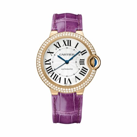 Montre Ballon Bleu de Cartier 36mm, mouvement automatique, or rose, diamants, cuir