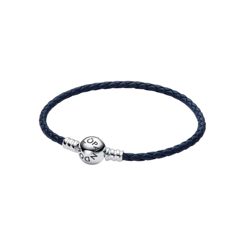 Bracelet Pandora Moments En Cuir Tressé Bleu À Fermoir Rond en argent, 17.5cm