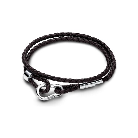 Bracelet Pandora Double Tour en argent et cuir marron, 38cm