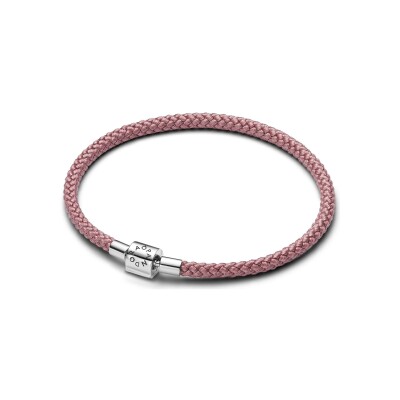 Bracelet cordon Pandora en argent et textile rose, 17.5cm