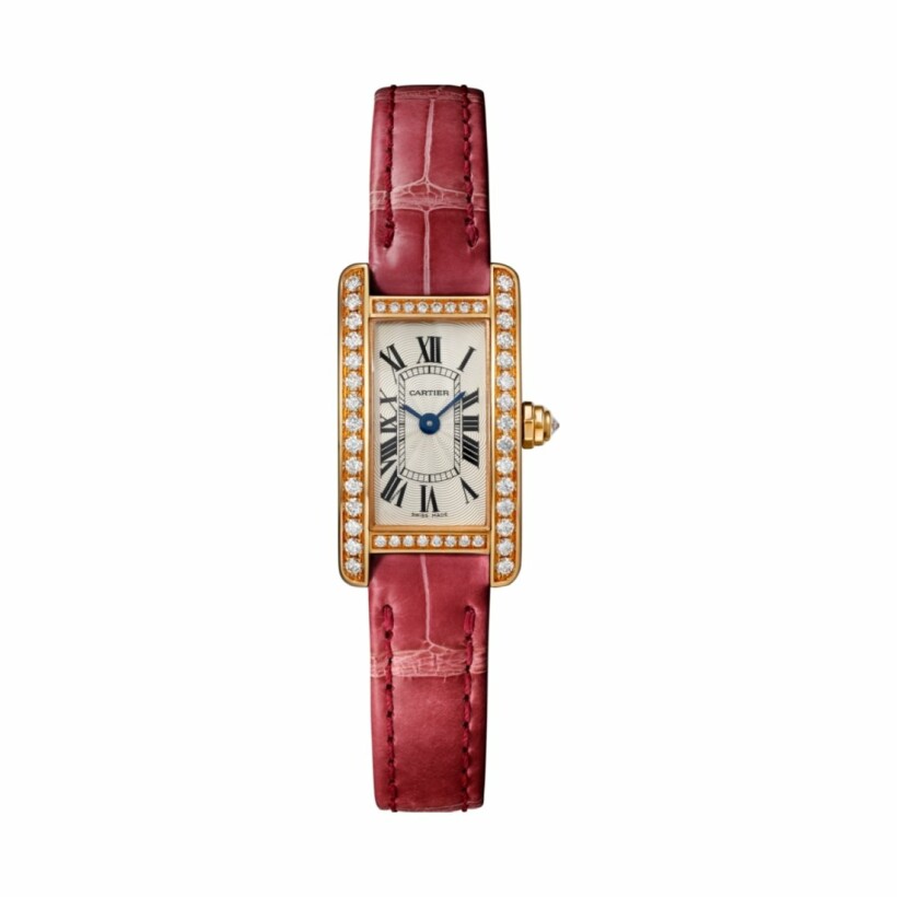 Tank Américaine watch, Mini model, quartz movement, rose gold, diamonds, leather