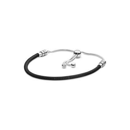 Bracelet Pandora Icons coulissant en cuir noir moments en argent, cuir et oxyde de zirconium, 28 cm