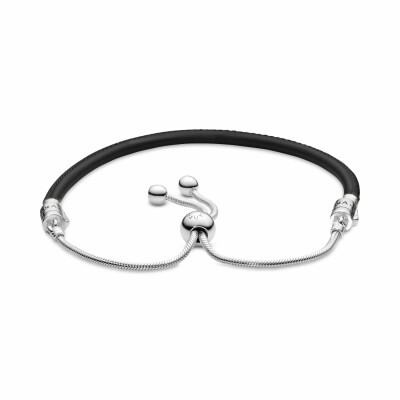 Bracelet Pandora Icons coulissant en cuir noir moments en argent, cuir et oxyde de zirconium, 28 cm