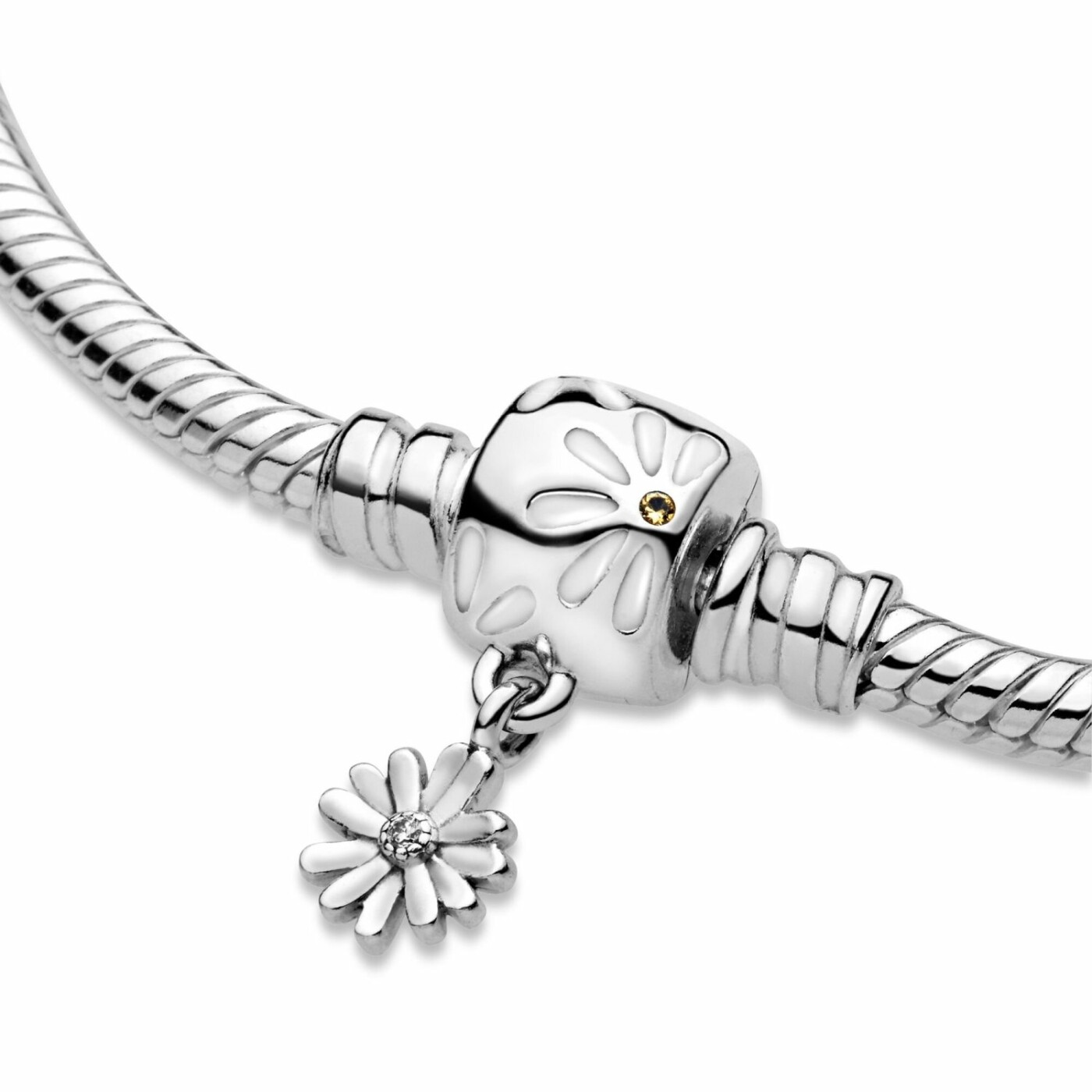 Bracelet Pandora Garden maille serpent fermoir marguerite moments en argent et cristal, oxyde de zirconium, 17 cm