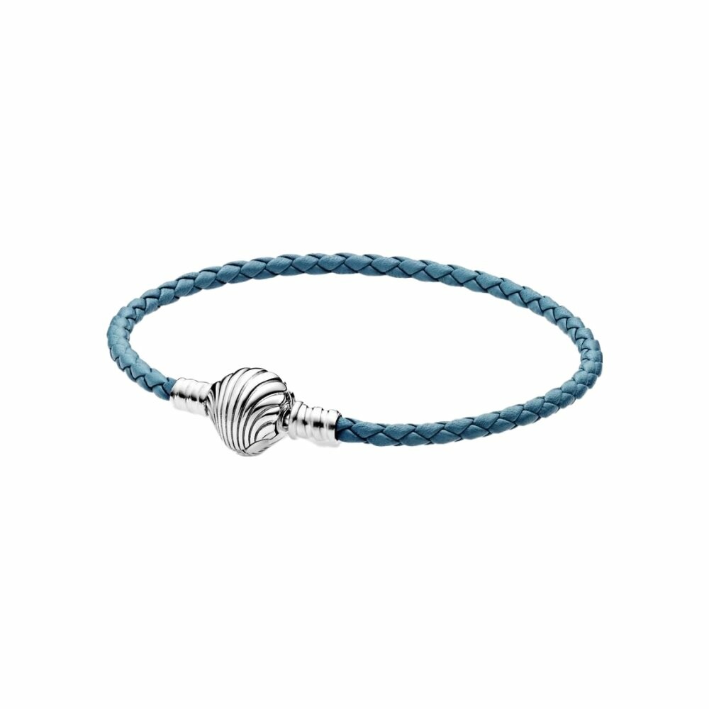 Bracelet Pandora Moments coquillage en argent et cuir tressé turquoise, taille 19cm