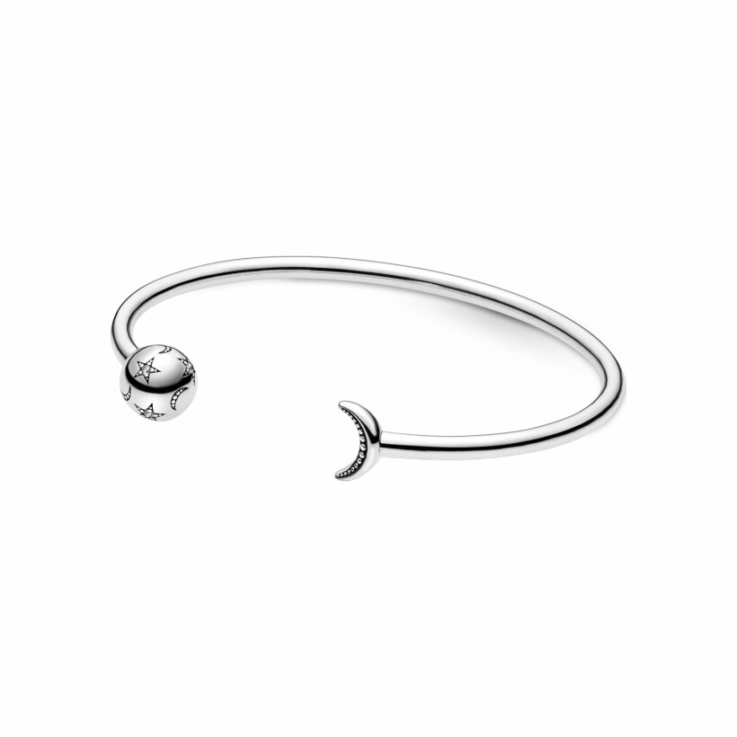 Bracelet jonc Pandora ouvert lune & étoiles en argent et oxydes de zirconium, taille 16cm