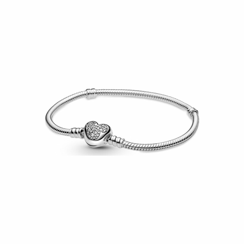 Bracelet Disney X Pandora maille serpent fermoir cœur disney mickey moments en argent et oxyde de zirconium, 17 cm