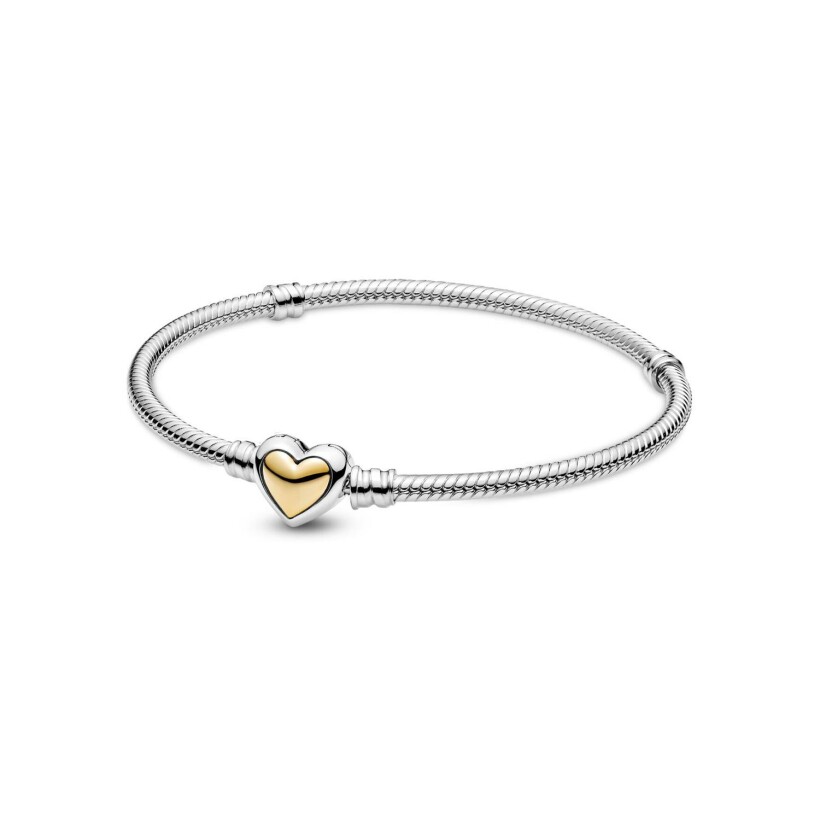 Bracelet Pandora maille serpent fermoir cœur doré bombé en argent et métal doré, taille 19cm