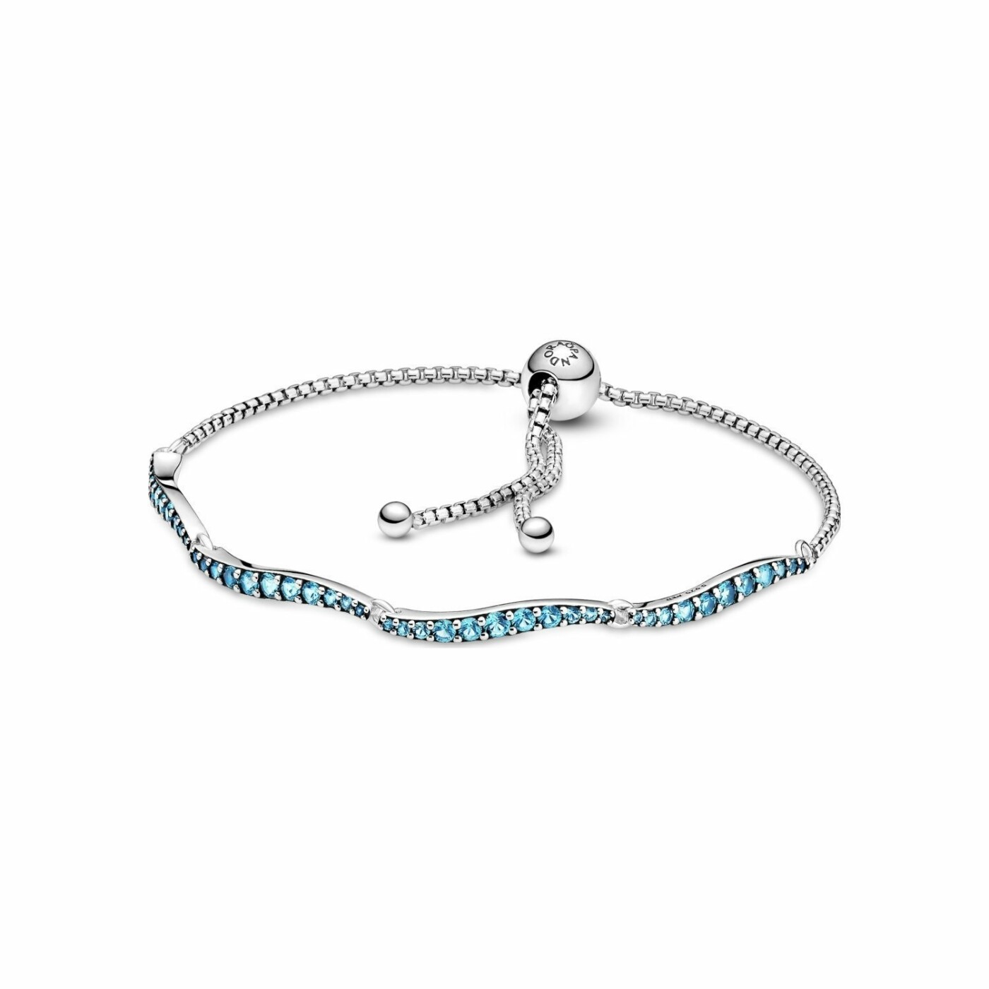 Bracelet Pandora coulissant vagues bleu en argent et cristaux, taille 23cm