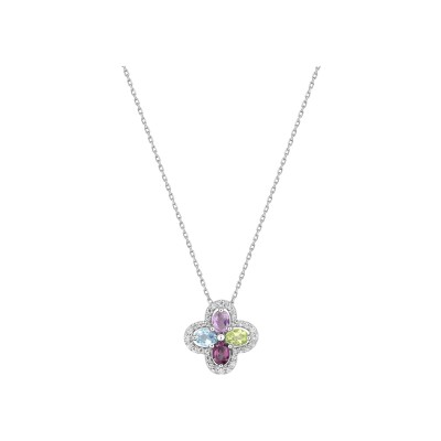 Collier en or blanc, topaze bleue, péridot et rhodolite, améthyste et oxyde de zirconium