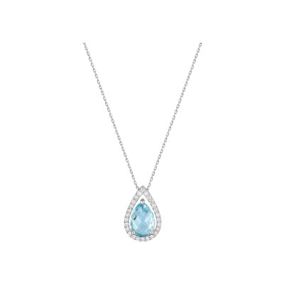 Collier en or blanc, topaze bleue et oxyde de zirconium