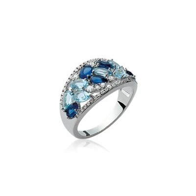 Bague en argent rhodié, oxydes de zirconium et pierre synthétique