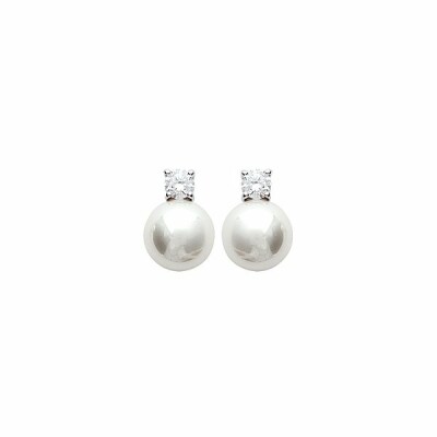 Boucles d'oreilles en argent rhodié, oxydes de zirconium et perle d'imitation