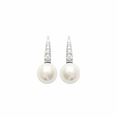 Boucles d'oreilles en argent rhodié, oxydes de zirconium et perle d'imitation