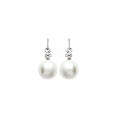 Boucles d'oreilles en argent rhodié, oxydes de zirconium et perle d'imitation