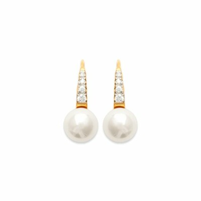 Boucles d'oreilles en plaqué or, oxydes de zirconium et perle d'imitation