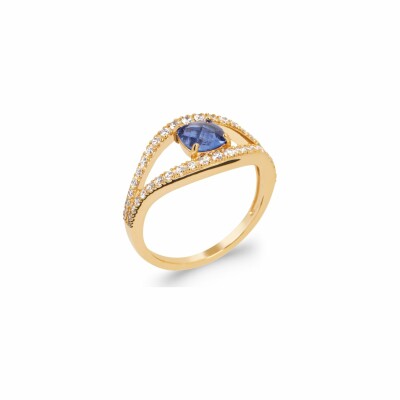 Bague en plaqué or, oxydes de zirconium et pierre synthétique