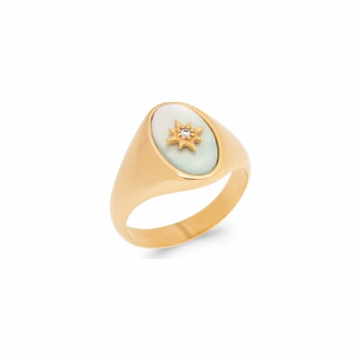 Bague en plaqué or, nacre et oxydes de zirconium