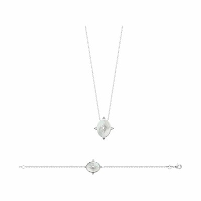 Collier en argent rhodié et nacre, 45cm