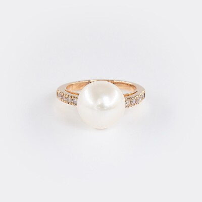 Bague or rose, diamants & perle 