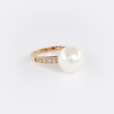 Bague or rose, diamants & perle 