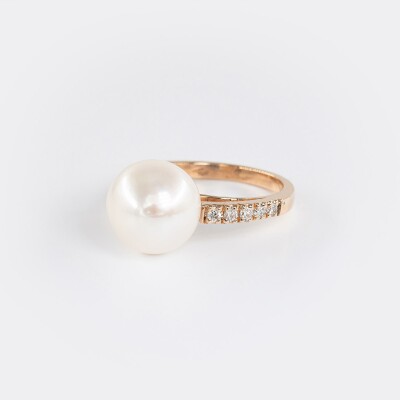 Bague or rose, diamants & perle 